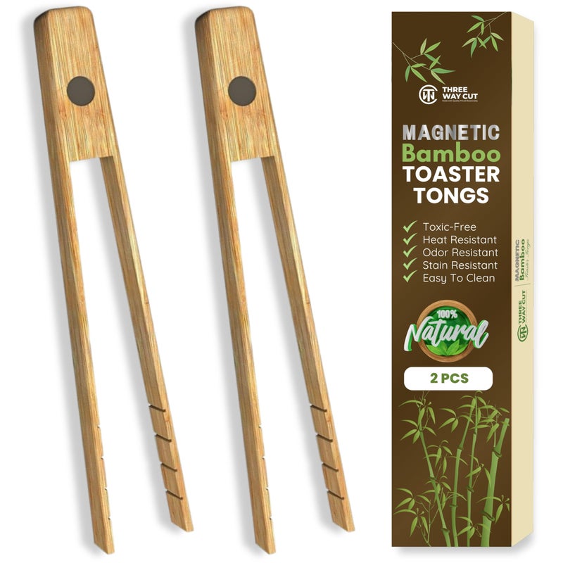 THREE WAY CUT Toaster Tongs With Magnet | Bamboo Kitchen Utensils For Cooking & Holding Toast Bacon Muffin Bagel Bread | 8" Long Natural Toxic Free Magnetic | 2pcs Set - Image 1